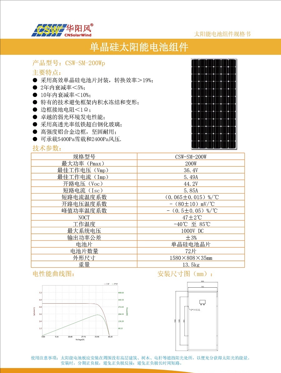 CSW-SM-200Wp 單晶硅太陽能電池板